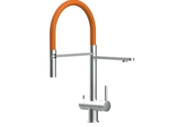 Einhebelmischer<VIZIO 3 Wege Wasserhahn Küchenarmatur Edelstahl Massiv mit 360° Schwenkbarem Auslauf Abnehmbare 2 Strahl Handbrause Gebürstet Orange