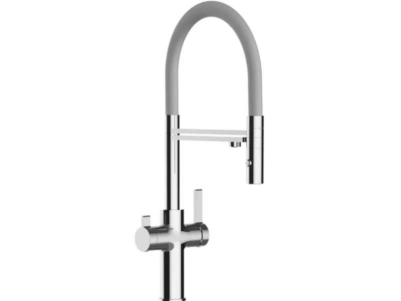 VIZIO 4 Wege Wasserhahn Küchenarmatur FC mit 360° Schwenkbarem Auslauf Abnehmbare 2 Strahl Handbrause Verchromt Grau