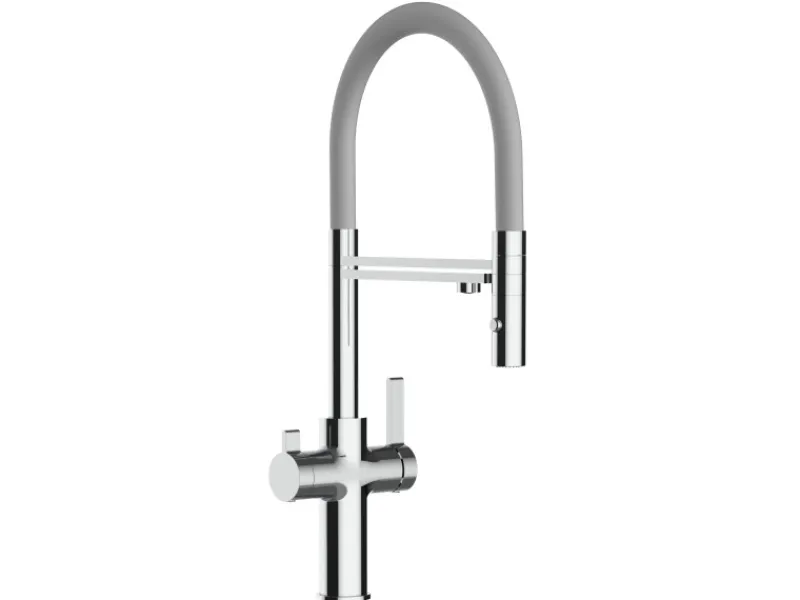 VIZIO 4 Wege Wasserhahn Küchenarmatur FC mit 360° Schwenkbarem Auslauf Abnehmbare 2 Strahl Handbrause Verchromt Grau