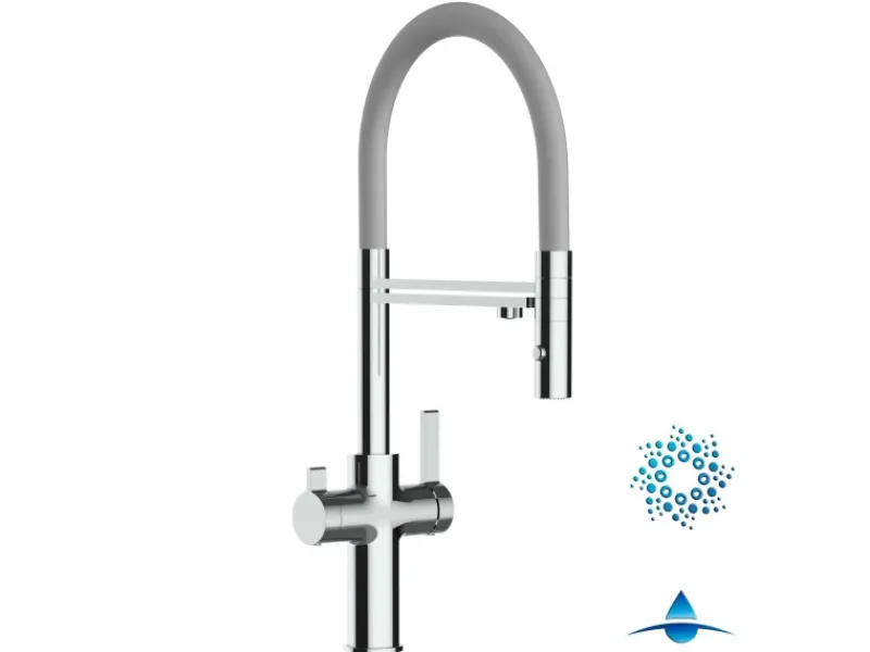 VIZIO 4 Wege Wasserhahn Küchenarmatur FC mit 360° Schwenkbarem Auslauf Abnehmbare 2 Strahl Handbrause Verchromt Grau