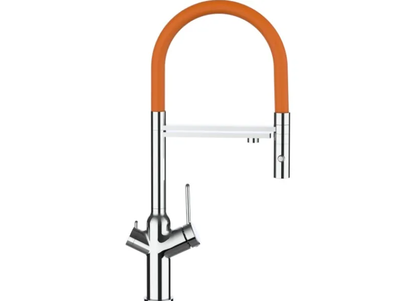 VIZIO 3 Wege Wasserhahn Küchenarmatur BOD mit 360° Schwenkbarem Auslauf Abnehmbare 2 Strahl Handbrause Verchromt Orange< Einhebelmischer