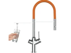 VIZIO 3 Wege Wasserhahn Küchenarmatur BOD mit 360° Schwenkbarem Auslauf Abnehmbare 2 Strahl Handbrause Verchromt Orange< Einhebelmischer