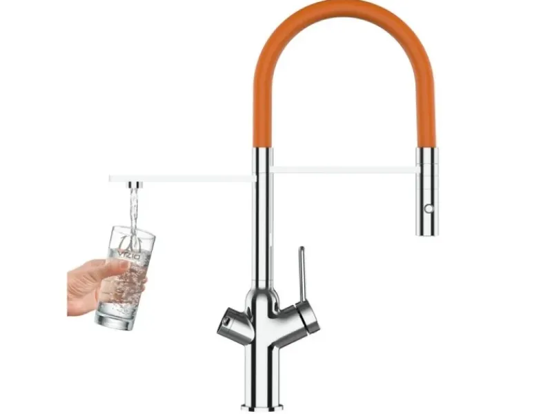 VIZIO 3 Wege Wasserhahn Küchenarmatur BOD mit 360° Schwenkbarem Auslauf Abnehmbare 2 Strahl Handbrause Verchromt Orange< Einhebelmischer