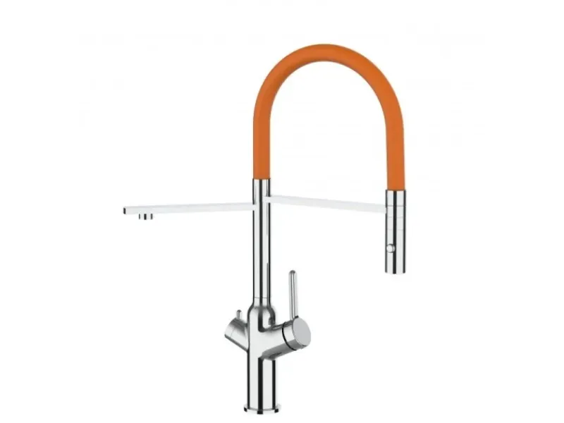 VIZIO 3 Wege Wasserhahn Küchenarmatur BOD mit 360° Schwenkbarem Auslauf Abnehmbare 2 Strahl Handbrause Verchromt Orange< Einhebelmischer