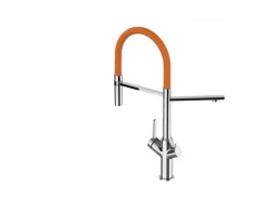 VIZIO 3 Wege Wasserhahn Küchenarmatur BOD mit 360° Schwenkbarem Auslauf Abnehmbare 2 Strahl Handbrause Verchromt Orange< Einhebelmischer