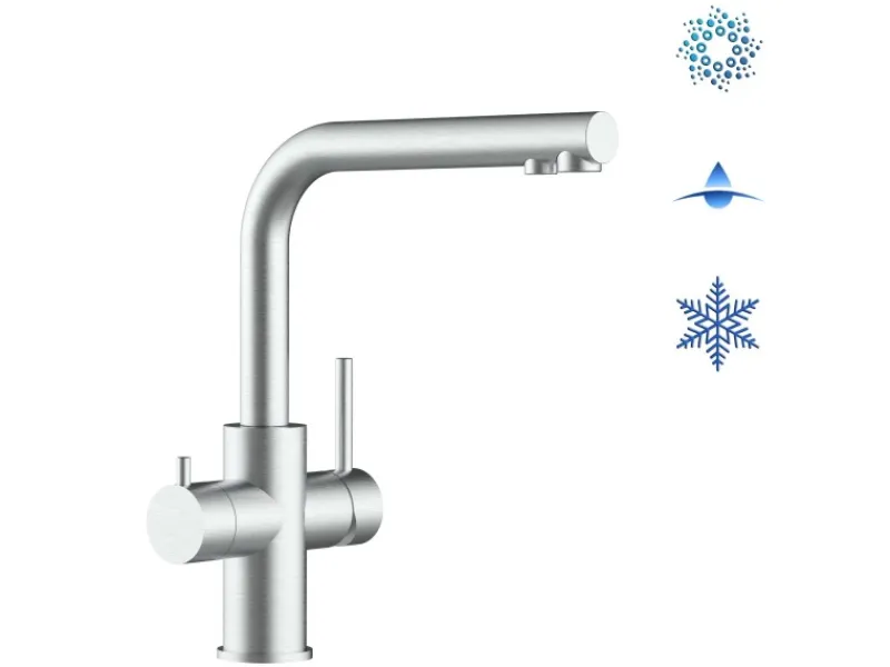 VIZIO Kurzversion 5 Wege Wasserhahn Küchenarmatur Edelstahl Massiv mit 360° Schwenkbarem L Auslauf Gebürstet< Einhebelmischer