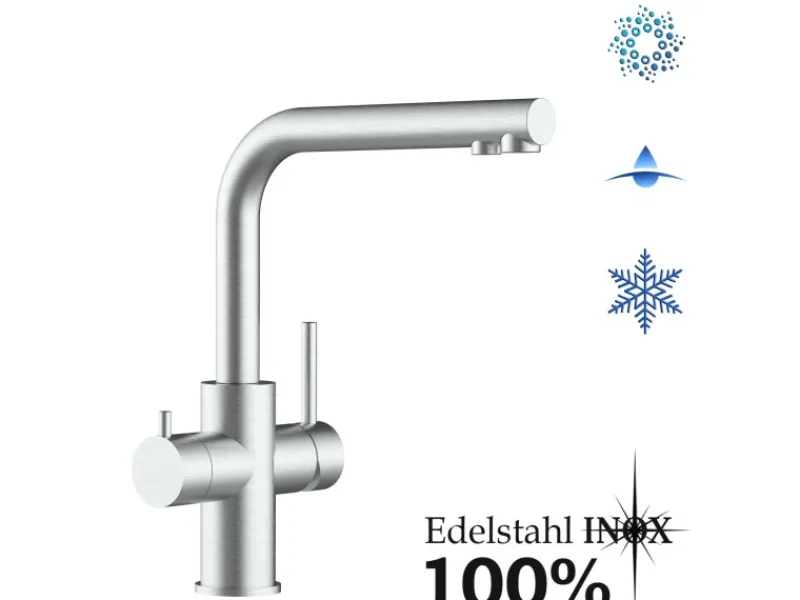 VIZIO Kurzversion 5 Wege Wasserhahn Küchenarmatur Edelstahl Massiv mit 360° Schwenkbarem L Auslauf Gebürstet< Einhebelmischer