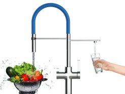 Einhebelmischer<VIZIO NIEDERDRUCK 3 Wege Wasserhahn Küchenarmatur FC mit 360° Schwenkbarem Auslauf Abnehmbare 2 Strahl Handbrause Verchromt Blau