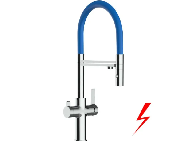 Einhebelmischer<VIZIO NIEDERDRUCK 3 Wege Wasserhahn Küchenarmatur FC mit 360° Schwenkbarem Auslauf Abnehmbare 2 Strahl Handbrause Verchromt Blau