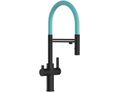 VIZIO NIEDERDRUCK 3 Wege Wasserhahn Küchenarmatur FC mit 360° Schwenkbarem Auslauf Abnehmbare 2 Strahl Handbrause Schwarz Matt Türkis< Einhebelmischer