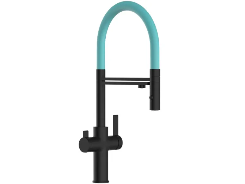 VIZIO NIEDERDRUCK 3 Wege Wasserhahn Küchenarmatur FC mit 360° Schwenkbarem Auslauf Abnehmbare 2 Strahl Handbrause Schwarz Matt Türkis< Einhebelmischer