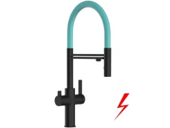 VIZIO NIEDERDRUCK 3 Wege Wasserhahn Küchenarmatur FC mit 360° Schwenkbarem Auslauf Abnehmbare 2 Strahl Handbrause Schwarz Matt Türkis< Einhebelmischer