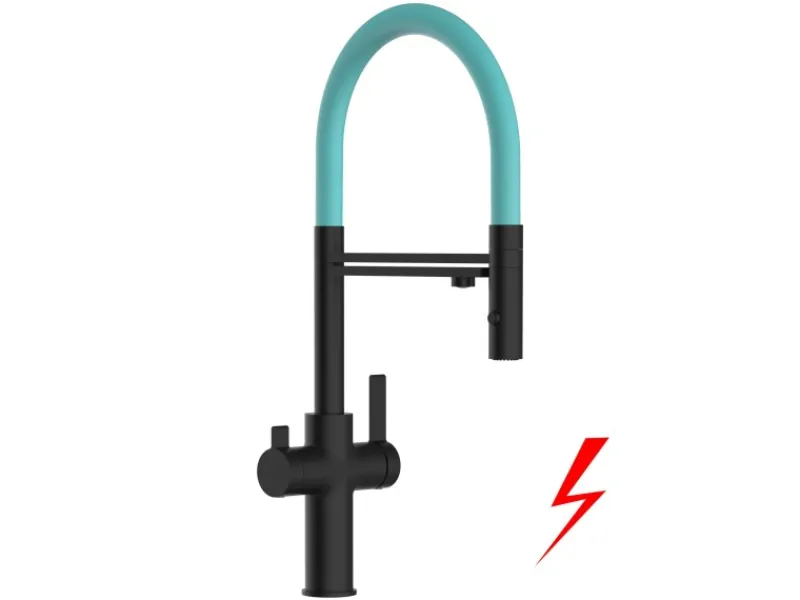 VIZIO NIEDERDRUCK 3 Wege Wasserhahn Küchenarmatur FC mit 360° Schwenkbarem Auslauf Abnehmbare 2 Strahl Handbrause Schwarz Matt Türkis< Einhebelmischer