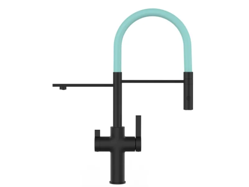 VIZIO NIEDERDRUCK 3 Wege Wasserhahn Küchenarmatur FC mit 360° Schwenkbarem Auslauf Abnehmbare 2 Strahl Handbrause Schwarz Matt Türkis< Einhebelmischer