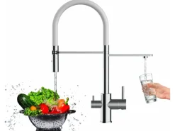 Outlet VIZIO NIEDERDRUCK 3 Wege Wasserhahn Küchenarmatur FL mit 360° Schwenkbarem Auslauf Abnehmbare 2 Strahl Handbrause Verchromt Weiß