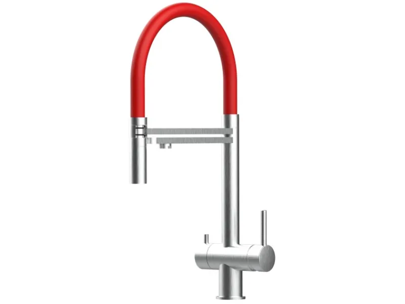 VIZIO NIEDERDRUCK 3 Wege Wasserhahn Küchenarmatur Edelstahl Massiv mit 360° Schwenkbarem Auslauf Abnehmbare 2 Strahl Handbrause Gebürstet Rot< Einhebelmischer