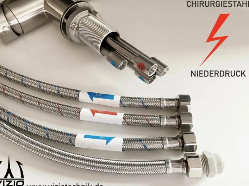VIZIO NIEDERDRUCK 3 Wege Wasserhahn Küchenarmatur Edelstahl Massiv mit 360° Schwenkbarem Auslauf Abnehmbare 2 Strahl Handbrause Gebürstet Rot< Einhebelmischer