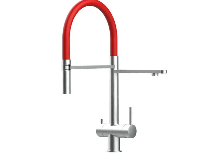 VIZIO NIEDERDRUCK 3 Wege Wasserhahn Küchenarmatur Edelstahl Massiv mit 360° Schwenkbarem Auslauf Abnehmbare 2 Strahl Handbrause Gebürstet Rot< Einhebelmischer