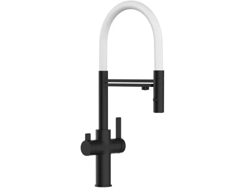 VIZIO NIEDERDRUCK 3 Wege Wasserhahn Küchenarmatur FC mit 360° Schwenkbarem Auslauf Abnehmbare 2 Strahl Handbrause Schwarz Matt Weiß< Einhebelmischer