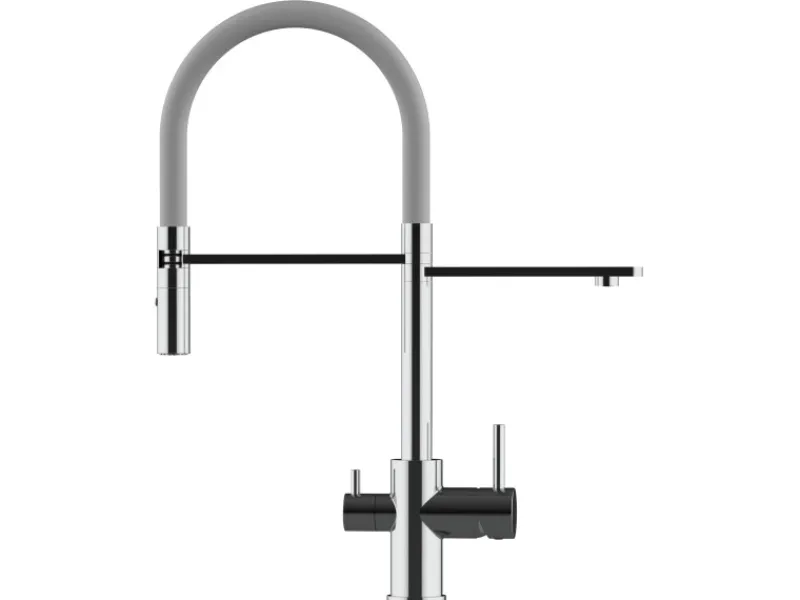 Einhebelmischer<VIZIO NIEDERDRUCK 3 Wege Wasserhahn Küchenarmatur FL mit 360° Schwenkbarem Auslauf Abnehmbare 2 Strahl Handbrause Verchromt Grau