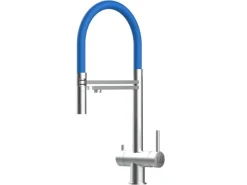 Einhebelmischer<VIZIO NIEDERDRUCK 3 Wege Wasserhahn Küchenarmatur Edelstahl Massiv mit 360° Schwenkbarem Auslauf Abnehmbare 2 Strahl Handbrause Gebürstet   Blau