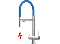 Einhebelmischer<VIZIO NIEDERDRUCK 3 Wege Wasserhahn Küchenarmatur Edelstahl Massiv mit 360° Schwenkbarem Auslauf Abnehmbare 2 Strahl Handbrause Gebürstet   Blau