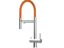 VIZIO NIEDERDRUCK 3 Wege Wasserhahn Küchenarmatur Edelstahl Massiv mit 360° Schwenkbarem Auslauf Abnehmbare 2 Strahl Handbrause Gebürstet Orange< Einhebelmischer