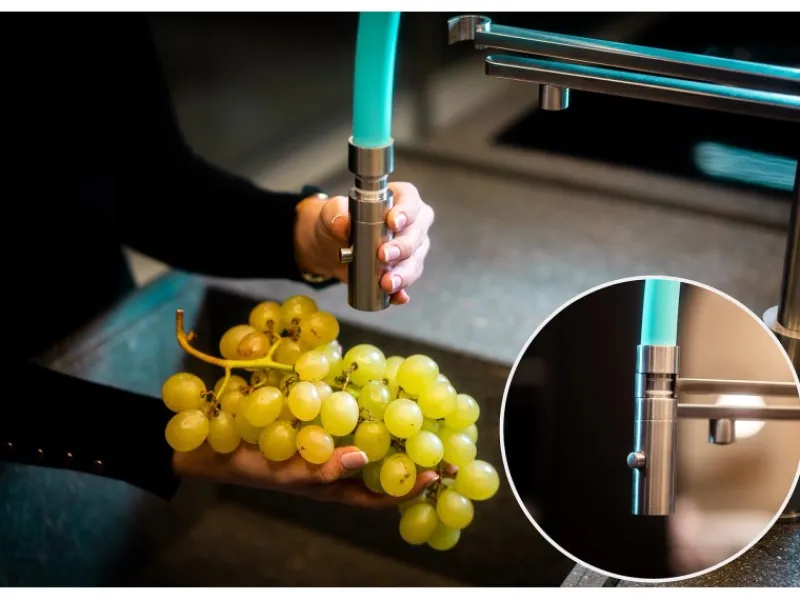 VIZIO NIEDERDRUCK 3 Wege Wasserhahn Küchenarmatur Edelstahl Massiv mit 360° Schwenkbarem Auslauf Abnehmbare 2 Strahl Handbrause Gebürstet Orange< Einhebelmischer