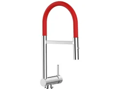 Einhebelmischer<VIZIO NIEDERDRUCK Wasserhahn Vorfenster Küchenarmatur Umklappbar 6 CM mit 360° Schwenkbarem Auslauf Abnehmbare 2 Strahl Handbrause Verchromt   Rot