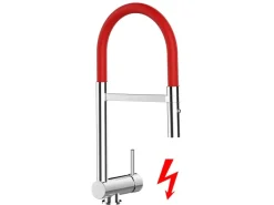 Einhebelmischer<VIZIO NIEDERDRUCK Wasserhahn Vorfenster Küchenarmatur Umklappbar 6 CM mit 360° Schwenkbarem Auslauf Abnehmbare 2 Strahl Handbrause Verchromt Rot