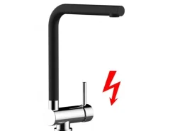 VIZIO Niederdruck Wasserhahn Vorfenster Küchenarmatur Umklappbar 6 CM mit 360° Schwenkbarem L Auslauf Verchromt Schwarz Granit< Einhebelmischer