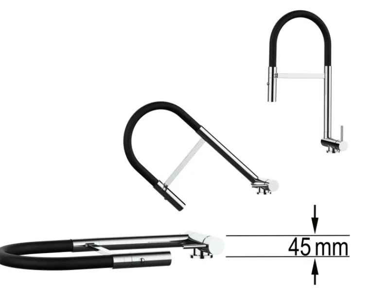 Einhebelmischer<VIZIO Wasserhahn Vorfenster Küchenarmatur Umklappbar 45 CM mit 360° Schwenkbarem Auslauf Abnehmbare 2 Strahl Handbrause Chrom und Schwarz Matt