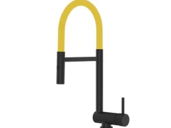 VIZIO Wasserhahn Vorfenster Küchenarmatur Umklappbar 6 CM mit 360° Schwenkbarem Auslauf Abnehmbare 2 Strahl Handbrause Schwarz Matt Gelb< Einhebelmischer