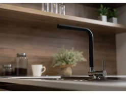 VIZIO Wasserhahn Vorfenster Küchenarmatur Umklappbar 45 CM mit 360° Schwenkbarem L Auslauf Verchromt Schwarz Granit< Einhebelmischer