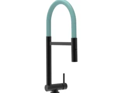 VIZIO Wasserhahn Vorfenster Küchenarmatur Umklappbar 45 CM mit 360° Schwenkbarem Auslauf Abnehmbare 2 Strahl Handbrause Schwarz Matt Türkis< Einhebelmischer