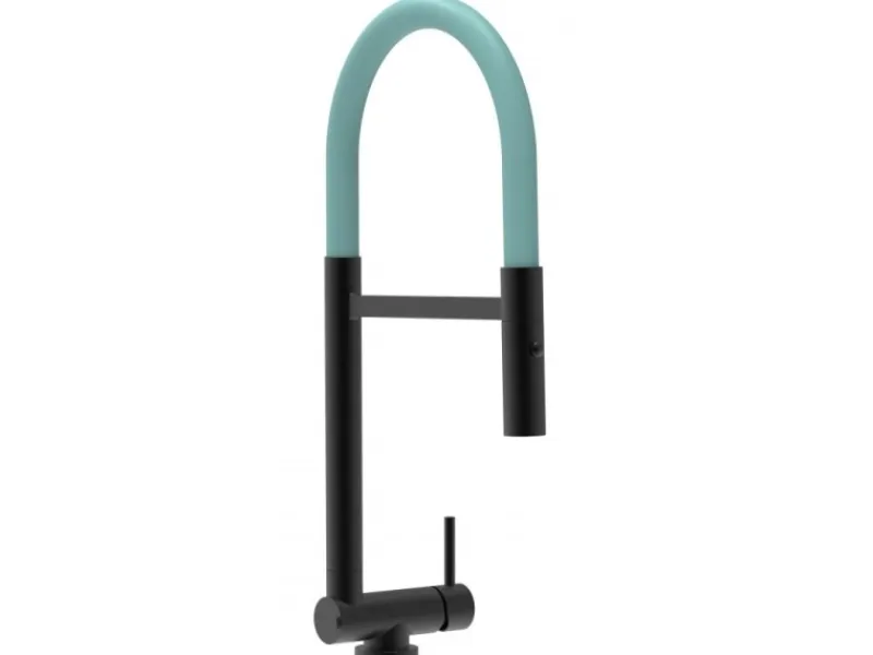 VIZIO Wasserhahn Vorfenster Küchenarmatur Umklappbar 45 CM mit 360° Schwenkbarem Auslauf Abnehmbare 2 Strahl Handbrause Schwarz Matt Türkis< Einhebelmischer