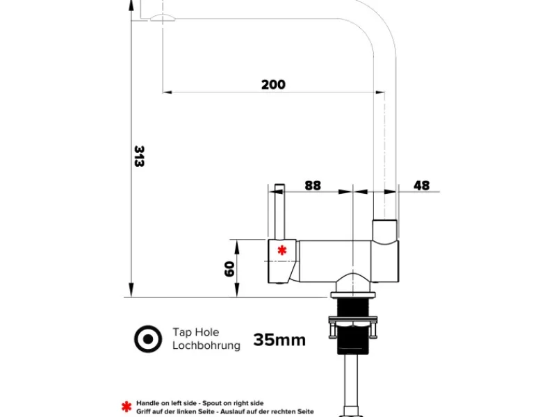 Einhebelmischer<VIZIO Wasserhahn Vorfenster Küchenarmatur Umklappbar 6 CM LINKER HEBEL mit 360° Schwenkbarem L Auslauf Verchromt Zement Granit