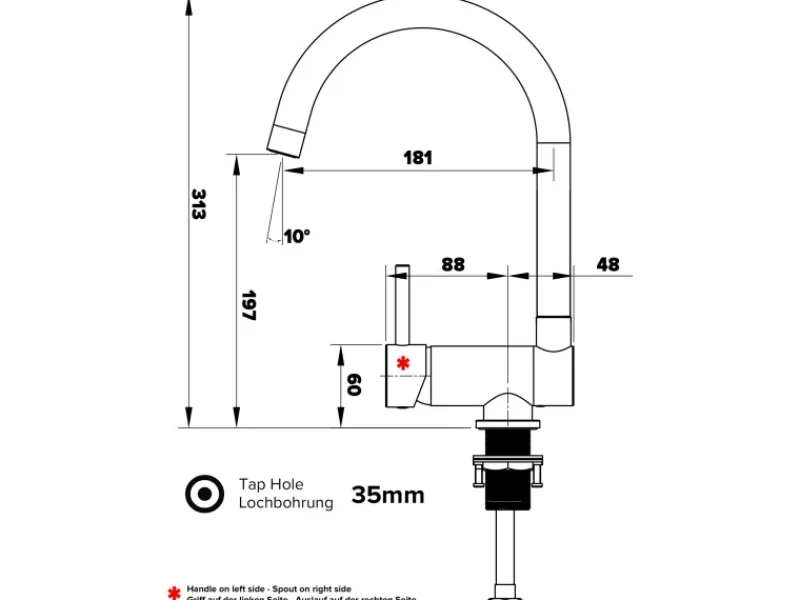 Best VIZIO Wasserhahn Vorfenster Küchenarmatur Umklappbar 6 CM LINKER HEBEL mit 360° Schwenkbarem U Auslauf Verchromt