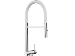 VIZIO Wasserhahn Vorfenster Küchenarmatur Umklappbar 45 CM mit 360° Schwenkbarem Auslauf Abnehmbare 2 Strahl Handbrause Verchromt Weiß< Einhebelmischer