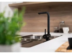 VIZIO Wasserhahn Vorfenster Küchenarmatur Umklappbar 45 CM mit 360° Schwenkbarem L Auslauf Schwarz Matt< Einhebelmischer