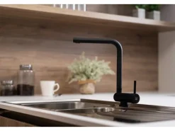 VIZIO Wasserhahn Vorfenster Küchenarmatur Umklappbar 45 CM mit 360° Schwenkbarem L Auslauf Schwarz Matt< Einhebelmischer