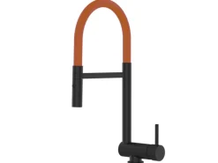 VIZIO Wasserhahn Vorfenster Küchenarmatur Umklappbar 6 CM mit 360° Schwenkbarem Auslauf Abnehmbare 2 Strahl Handbrause Schwarz Matt Orange< Einhebelmischer