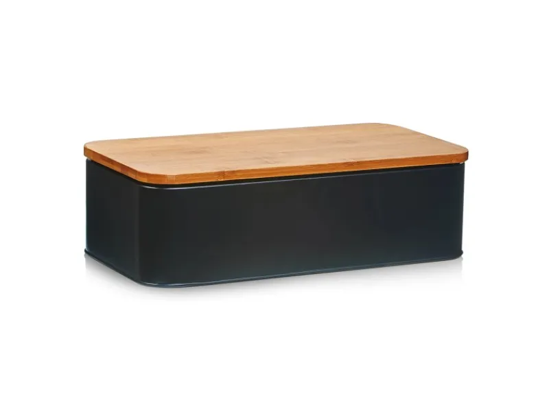 New Zeller Brotkasten Metall mit Bambusdeckel 42,5 cm x 23 cm x 12,3 cm Matt Schwarz